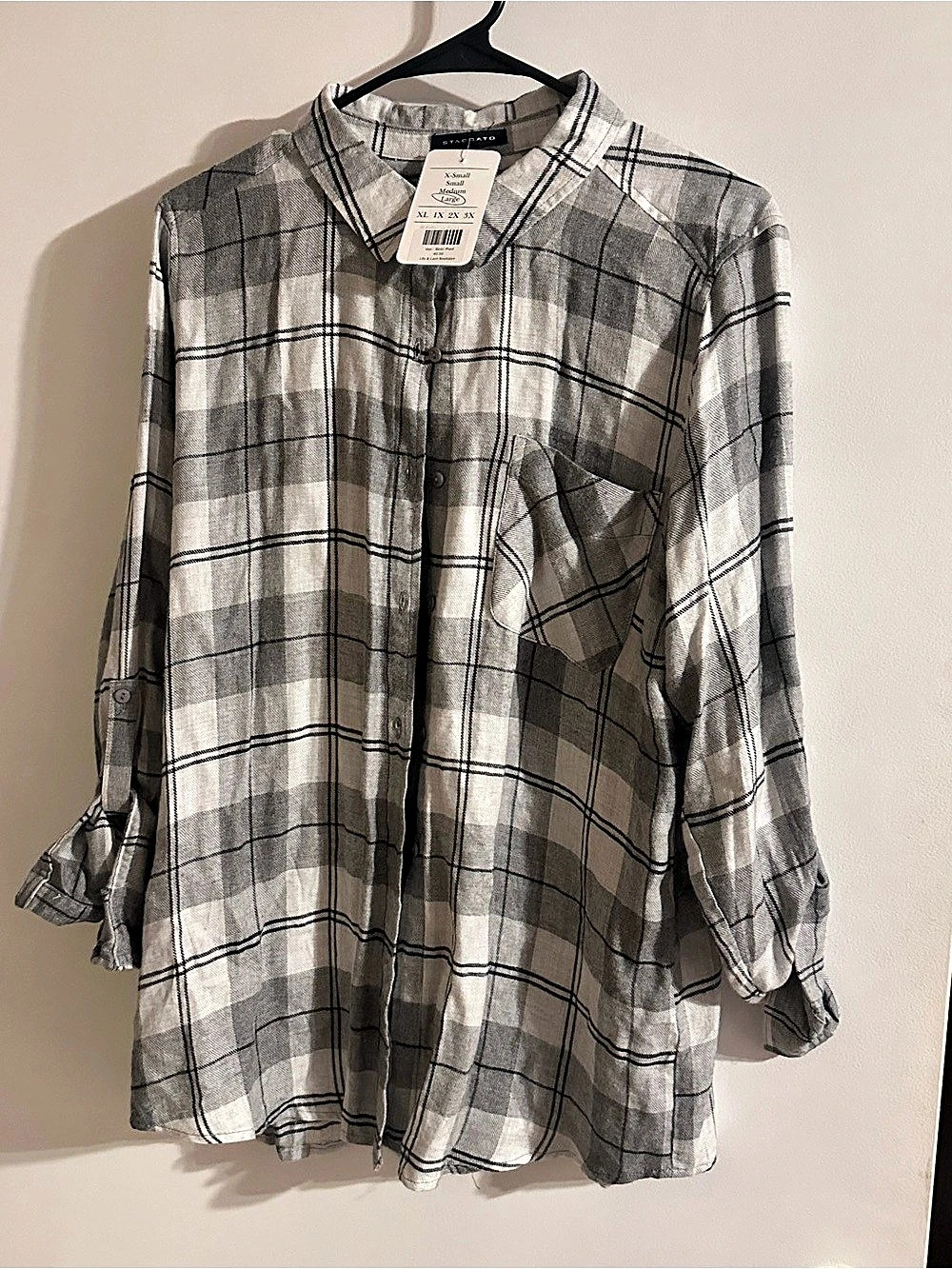 Staccato Large Gray Plaid Button Down Tunic Shirt Roll Tab Sleeves